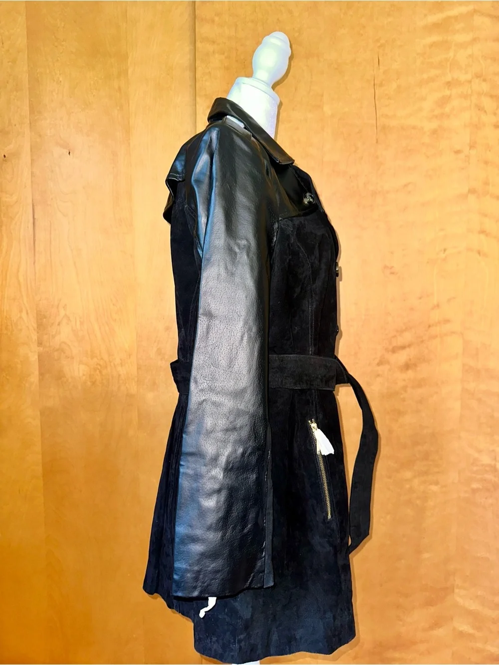 Women's Black Suede & Leather Trench Coat